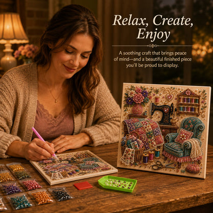 Woman relaxing with cozy sewing room diamond painting