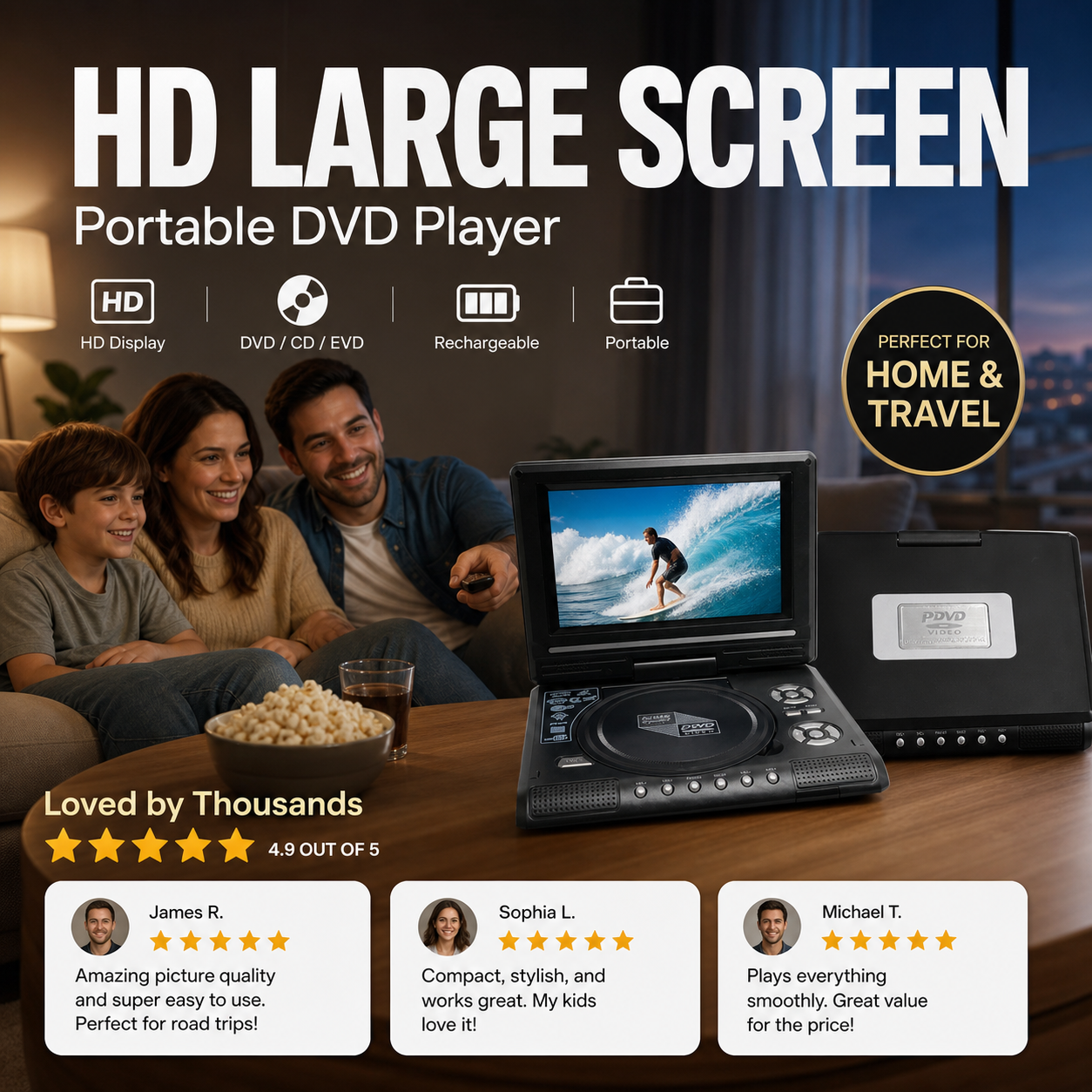 ✨ 7.8" HD Portable DVD Player | Rechargeable Multi-Region Media Player with Built-in Speakers for Road Trips, Kids & Travel (Supports USB/SD)