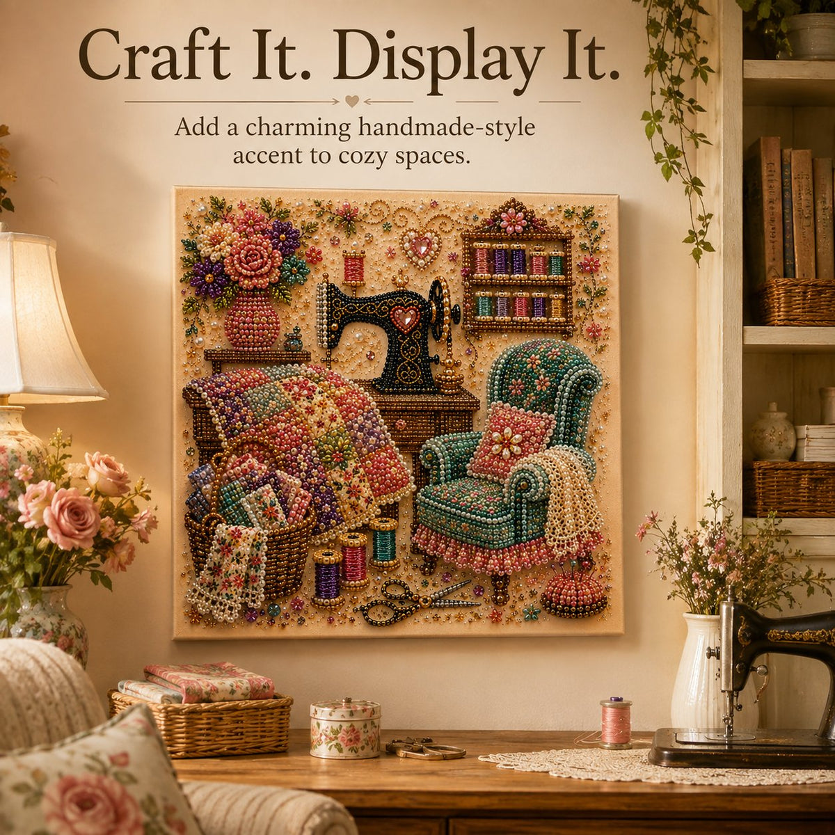 Finished sewing room bead artwork display