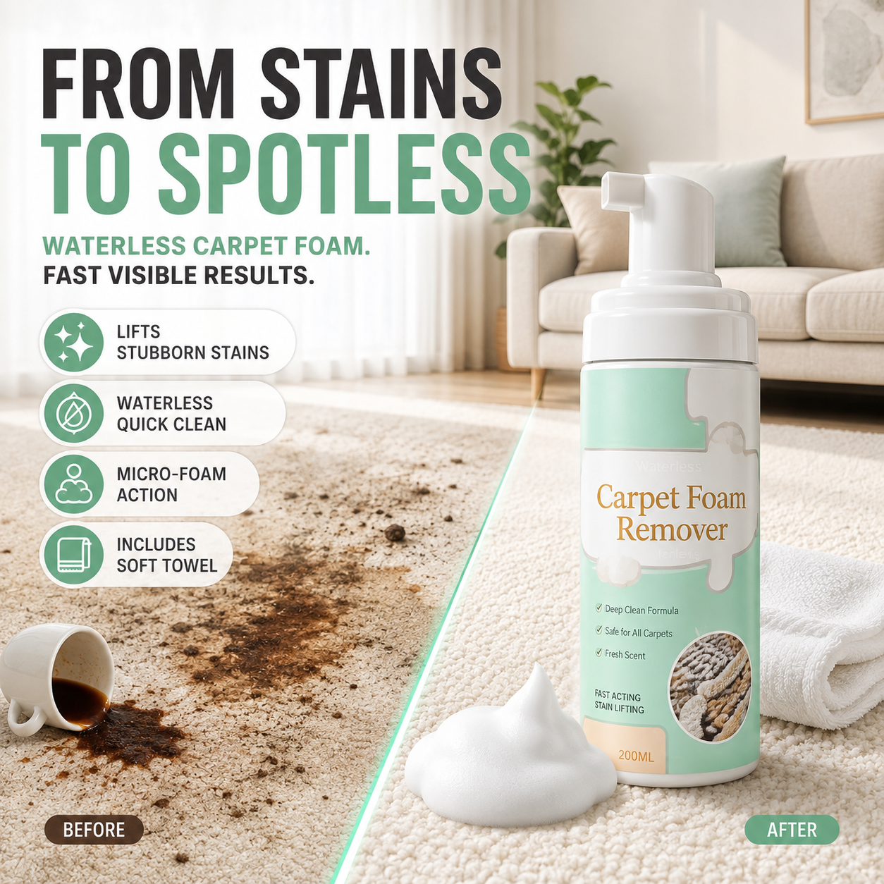 🔥Waterless Carpet Foam Stain Remover with Towel