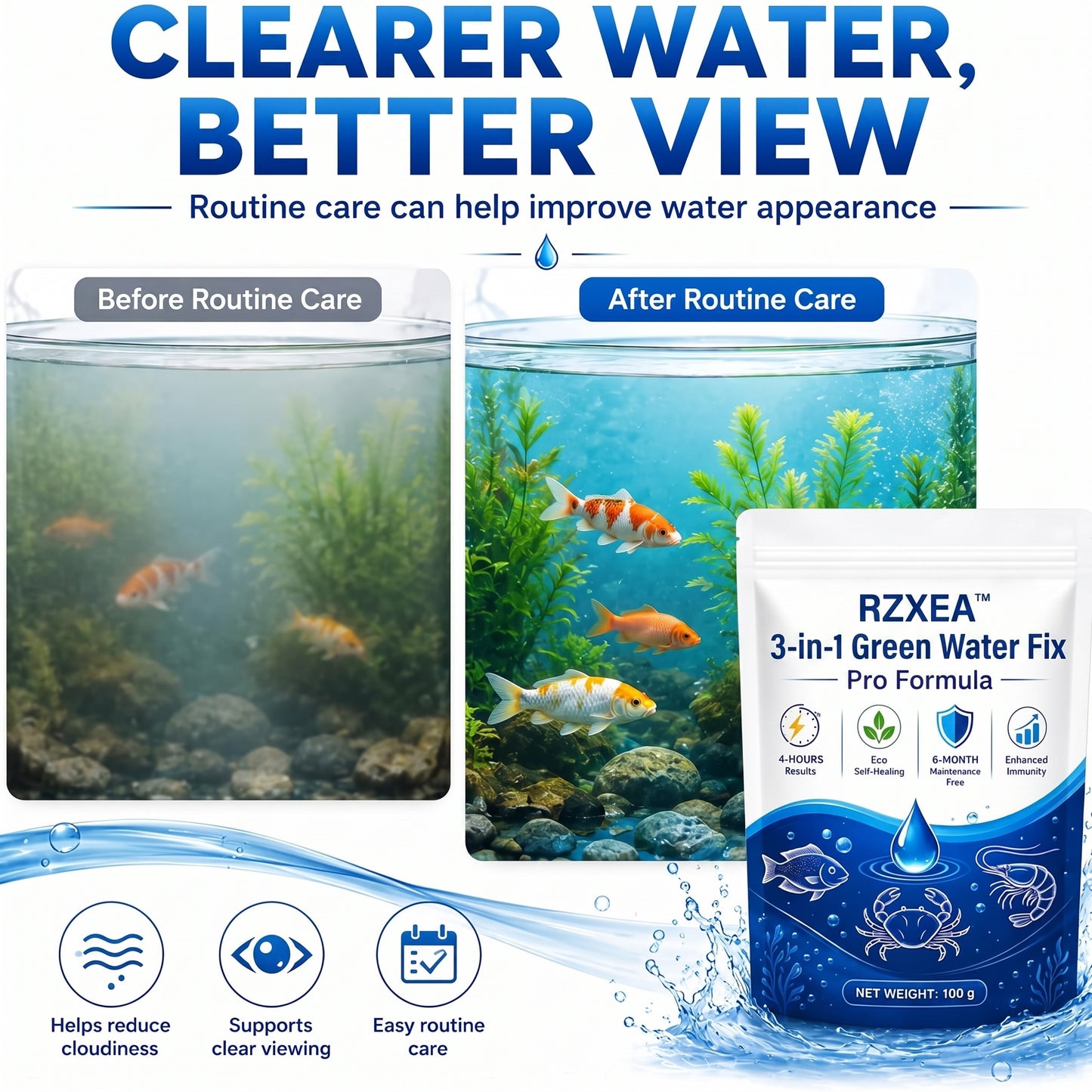🌟 Official Store |✨ From Murky Swamp to Perfect Pond! | RZXEA™3-in-1 Green Water Fix