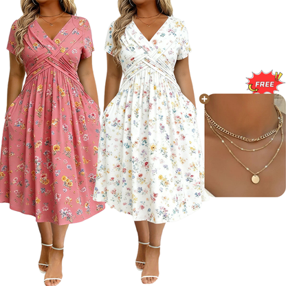 ⏰Time-Limited Special !!🌿Women's V-Neck Floral Print Dress with Twist Waist