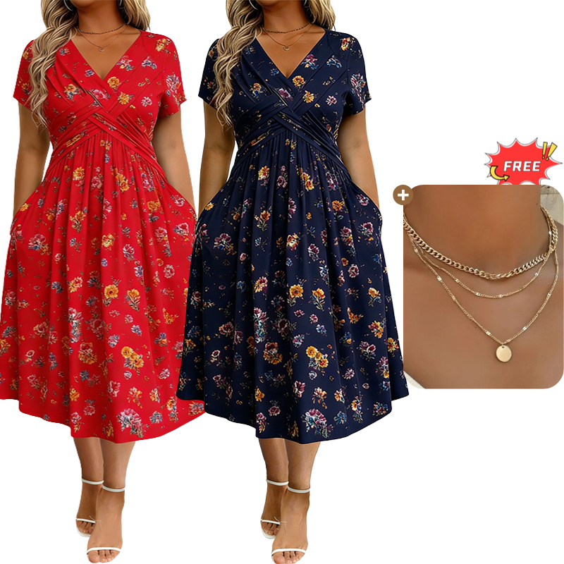 ⏰Time-Limited Special !!🌿Women's V-Neck Floral Print Dress with Twist Waist