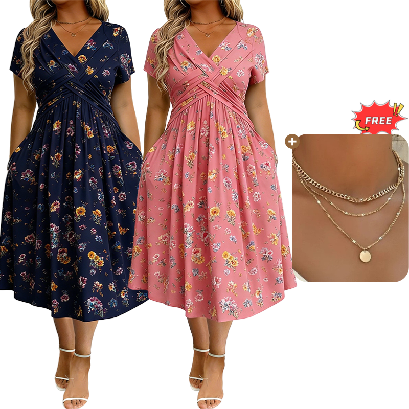 ⏰Time-Limited Special !!🌿Women's V-Neck Floral Print Dress with Twist Waist
