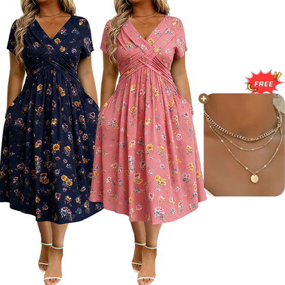⏰Time-Limited Special !!🌿Women's V-Neck Floral Print Dress with Twist Waist