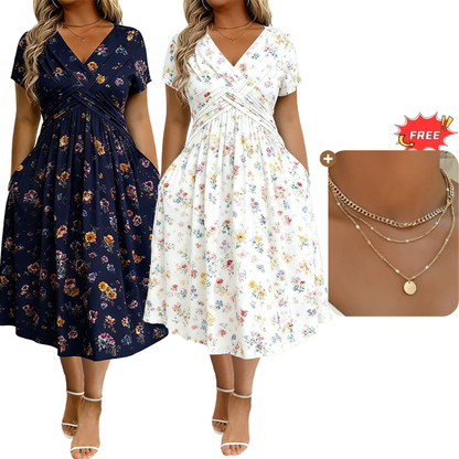 ⏰Time-Limited Special !!🌿Women's V-Neck Floral Print Dress with Twist Waist