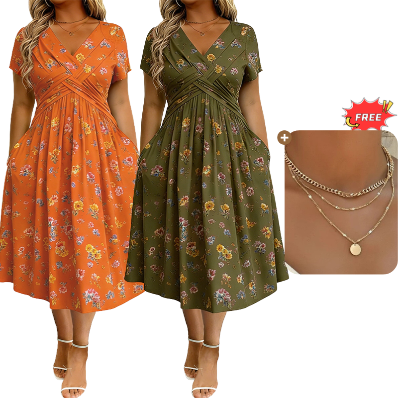 ⏰Time-Limited Special !!🌿Women's V-Neck Floral Print Dress with Twist Waist