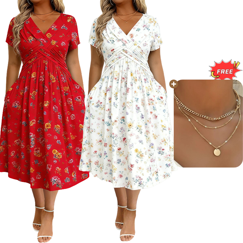 ⏰Time-Limited Special !!🌿Women's V-Neck Floral Print Dress with Twist Waist