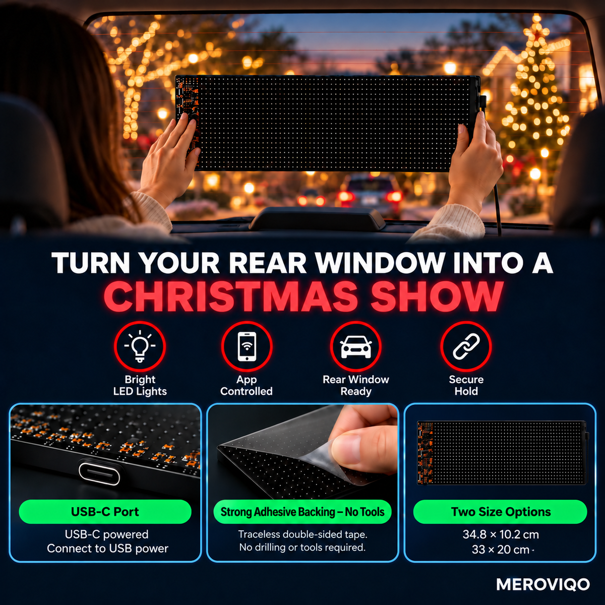 MEROVIQO Car Window LED Display USB-C power and size options