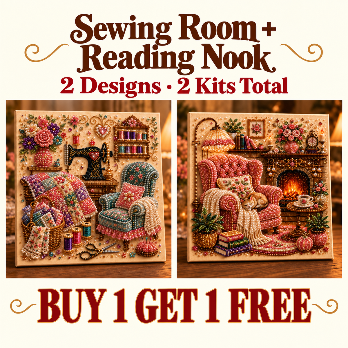 Cozy Sewing Room + Fireside Reading Nook canvas pair