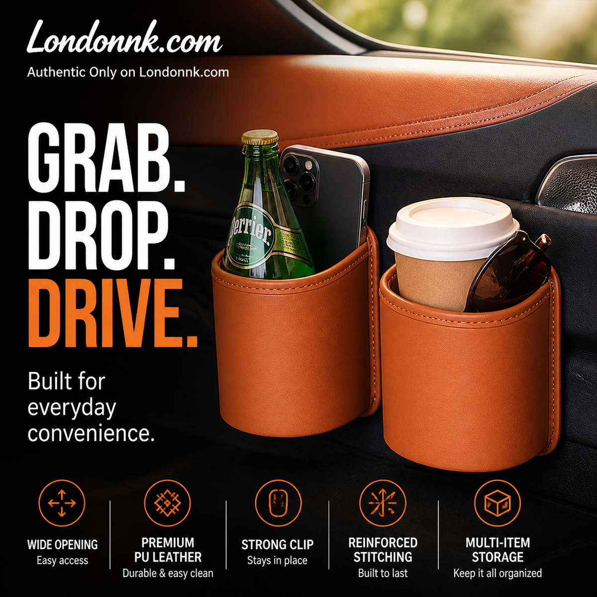 ⚡⚡⚡LAST 44 PCS LEFT!!! 🥳2026 HOT SALE🥳💞50K+ SOLD!🚗🧺 50% OFF! Leather Car Door Cup Holder – Wide‑mouth opening, easy reach for drinks & phone. Clip‑on secure fit. PU leather, tough & stylish. 🛡️✨