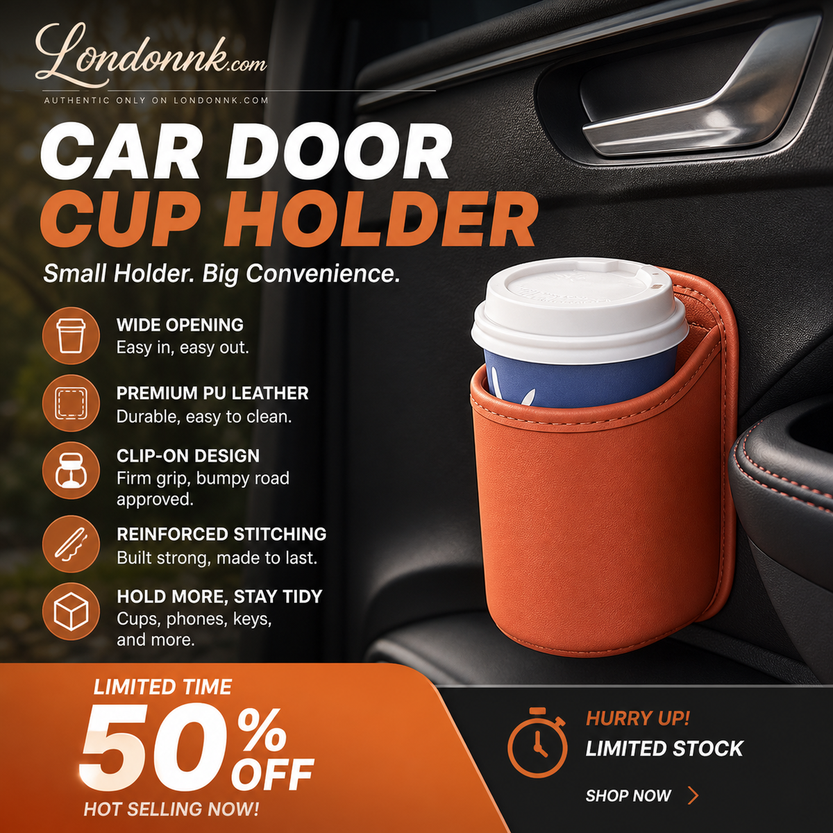 ⚡⚡⚡LAST 44 PCS LEFT!!! 🥳2026 HOT SALE🥳💞50K+ SOLD!🚗🧺 50% OFF! Leather Car Door Cup Holder – Wide‑mouth opening, easy reach for drinks & phone. Clip‑on secure fit. PU leather, tough & stylish. 🛡️✨